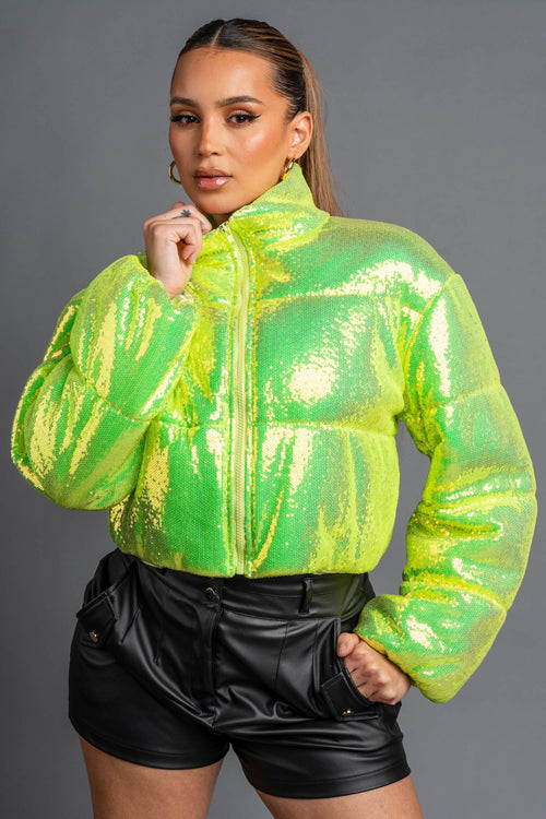 SEXY NEON SEQUINS PUFFER OVERSZIED BOMBER JACKET