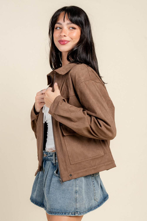 BG5398EBK / ZIPPED UP COLLARED FAUX SUEDE JACKET