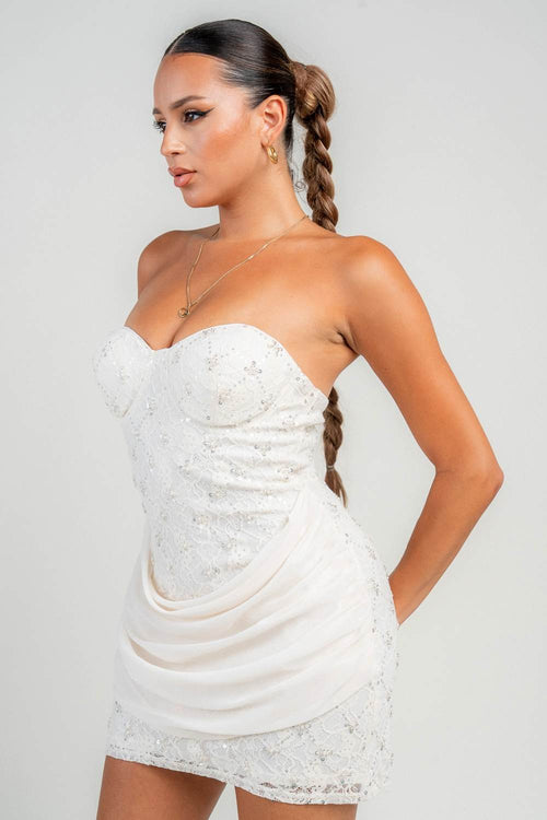 PD79311B / TUBE BUSTIER DRAPE SKIRT FRONT FLARE MINI