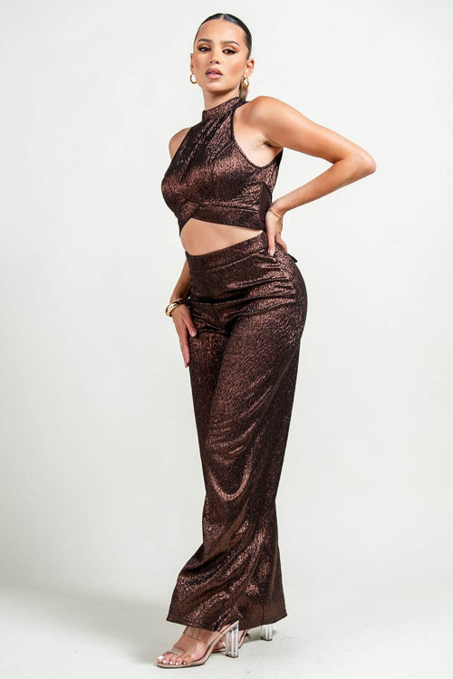 PS9817STP / MOCKNECK BACK TIE TOP & BACK ZIPPER WIDE LEG PANTS