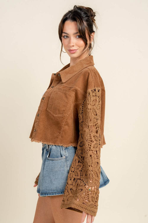 BG5393N / CROPPED BUTTON DOWN JACKET W/ CROCHET SLEEVE DETAILS