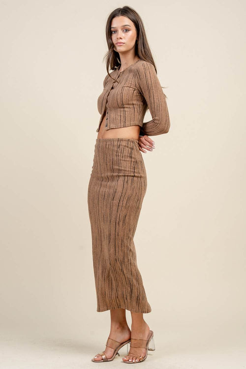 BSKF3594N / PRINTED RIBBED KNIT BUTTON DOWN TWO-PIECE SET