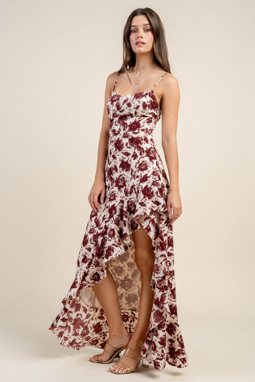 BD13021E / ASYMMETRIACL HEM MAXI DRESS W/ LACE UP BACK