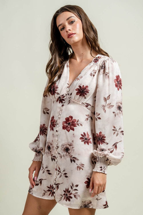CD30576S / BUTTON FRONT V-NK L/S SHORT DRESS