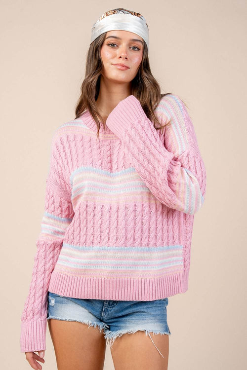 CT10707Y / Cable Sweater w/ Bordered Motifs