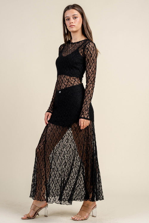 BD13033 / L/S SEE THROUGH MAXI DRESS W/GODET SKIRT