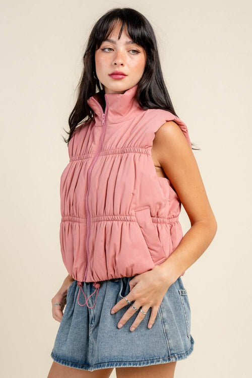 BG5391E / PUFFER VEST WITH  RUCHING DETAIL