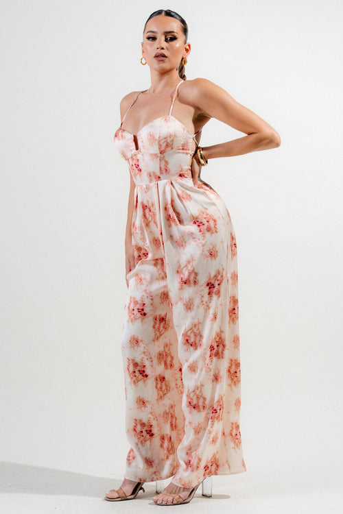 PJWF11271E / CRINKLE SATIN PRINT SQUARE WIRE DETAIL STRAPY WIDE JUMPSUIT