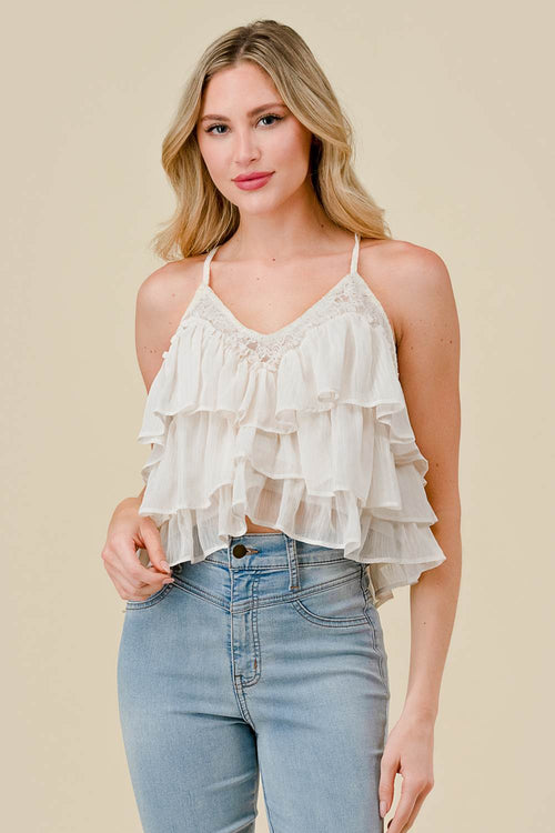 LACE TRIM YORYU CHIFFON RUFFLED TIRED CAMI TOP