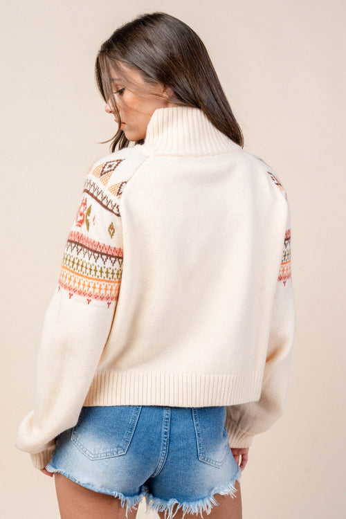 CG60077B / Retro Soft Knit Zip-Up Sweater with Geometric Borders