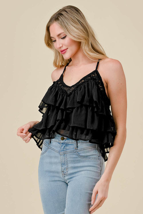 BT2799B / LACE TRIM YORYU CHIFFON RUFFLED TIRED CAMI TOP