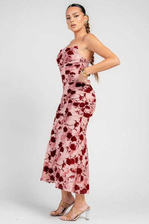 HD30819 / SHEER MESH FLORAL PRINTED MIDI DRESS