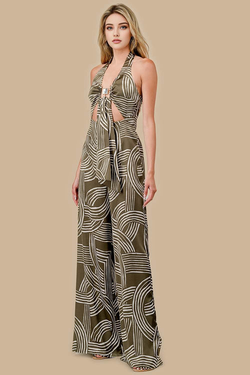 AJWF1141B / WOVEN PRINT W/ HARDWARE TRIM JUMPSUIT