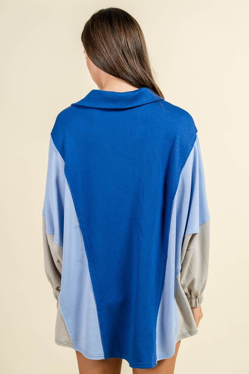 BT3342S / Relaxed Fit Colorblock Collared Pullover Top