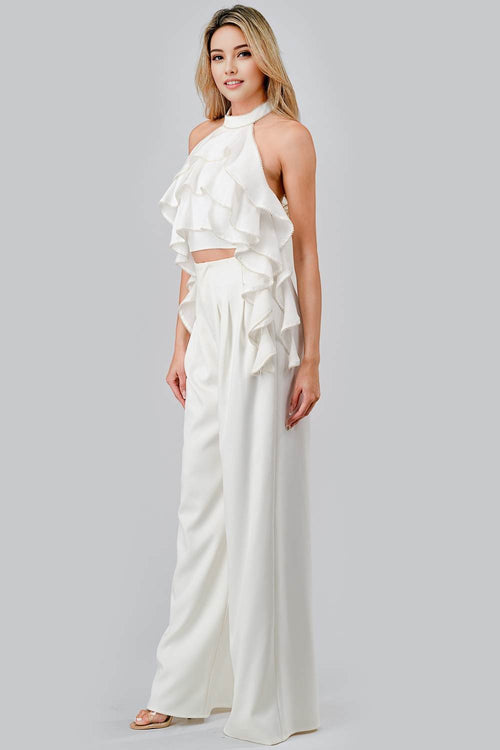 LUXE CREPE BEADS EDGE TRIM RUFFLED TOP & PANTS SET