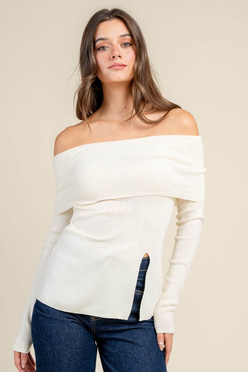 BT3301C / Off Shoulder Long Sleeve Top with a Side Slit